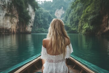 Fototapeta premium Summer Serenity A Journey into Natures Embrace on a Beautiful and Scenic Lake Where the Sun Shines Brightly and the Atmosphere is Filled with Tranquility and Peace, Perfect for Relaxation