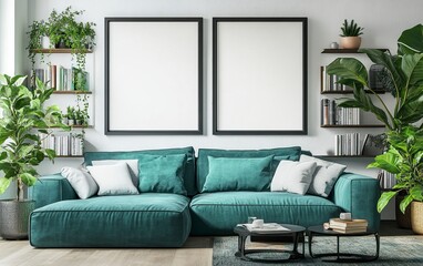 A modern living room with two large black frames on the wall above an emerald blue sofa. The frames are blank for mockups. Plants and books are arranged around them, with shelves in the background.