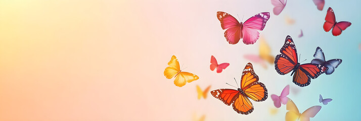 Colorful butterflies fluttering in a serene setting during the golden hour. Discrimination Day. Spring Banner