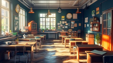 Obraz premium Colorful learning space bright modern classroom interior cheerful well organized inviting decor