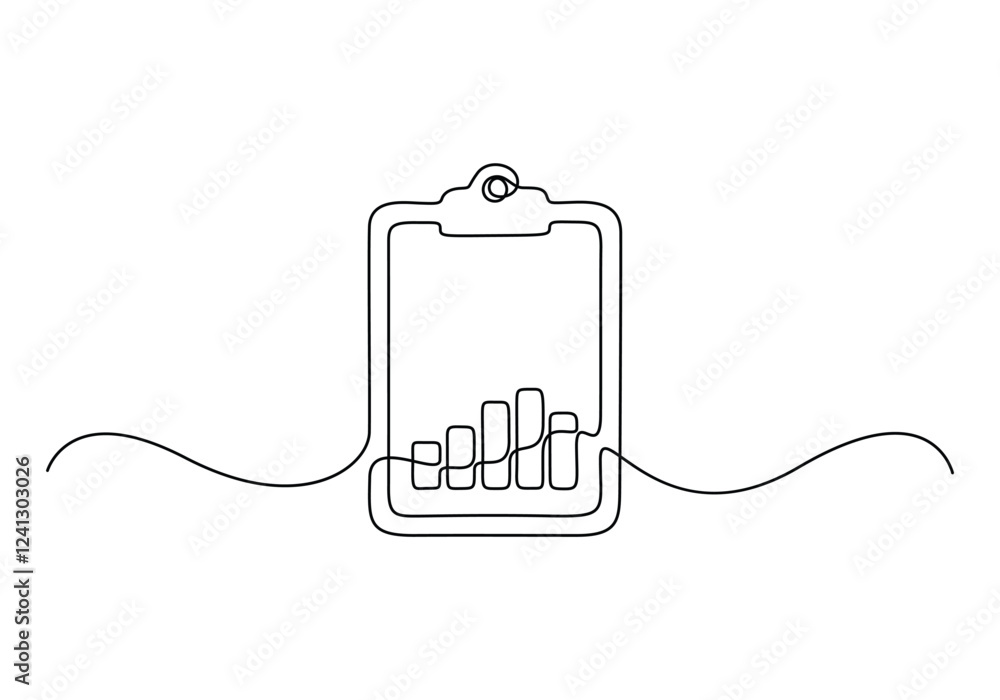 Poster clipboard continuous one line drawing style with business growth graph vector illustration