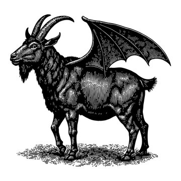 recommend clip art: Detailed Goat Devil with Wings Black and White Outline Line Art Drawing Illustration Design