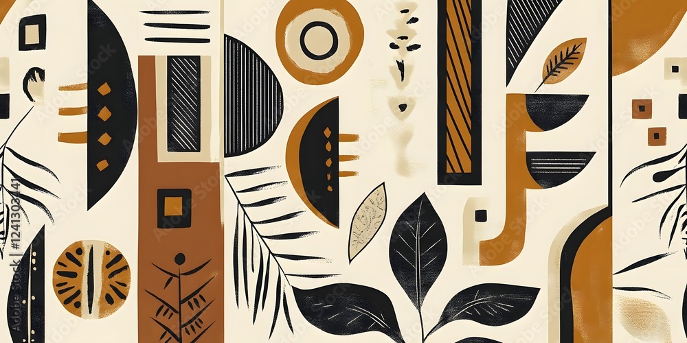 Aufkleber abstract geometric patterns featuring earthy tones and botanical elements, ideal for design projects