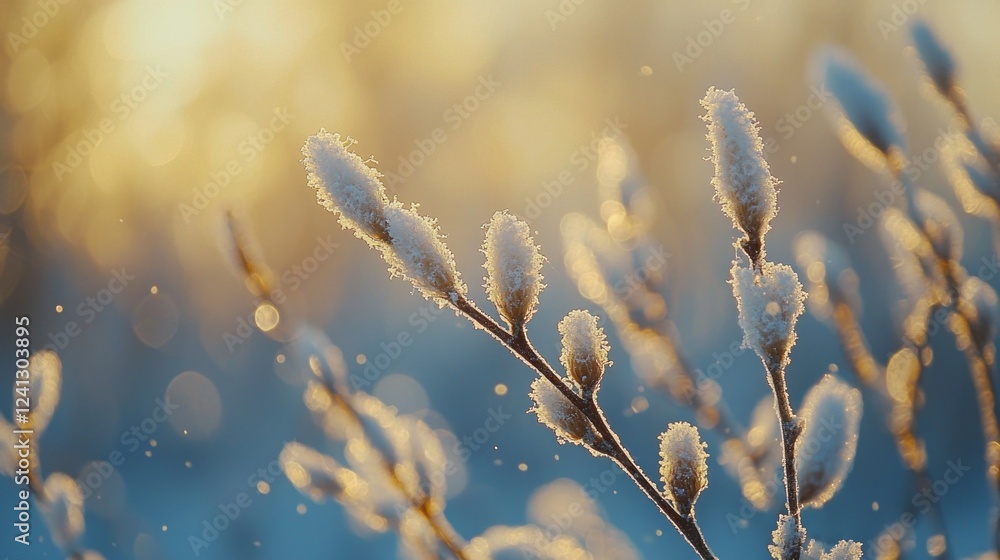 Aufkleber Frosty buds adorned with a layer of snow bask in the gentle morning light, creating a tranquil winter atmosphere filled with sparkling particles and warm hues