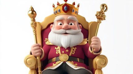 Cartoon king character seated on a golden throne displaying regal attire and holding scepters
