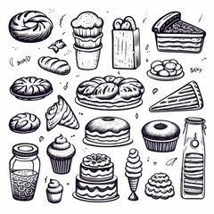 Set of black bakery doodle illustration on white background	