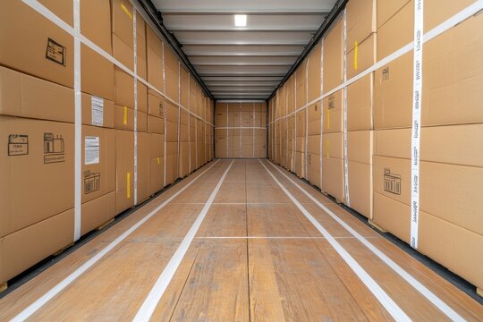 Cardboard boxes stacked neatly inside a trailer, secured with straps, wooden floor with white markings.