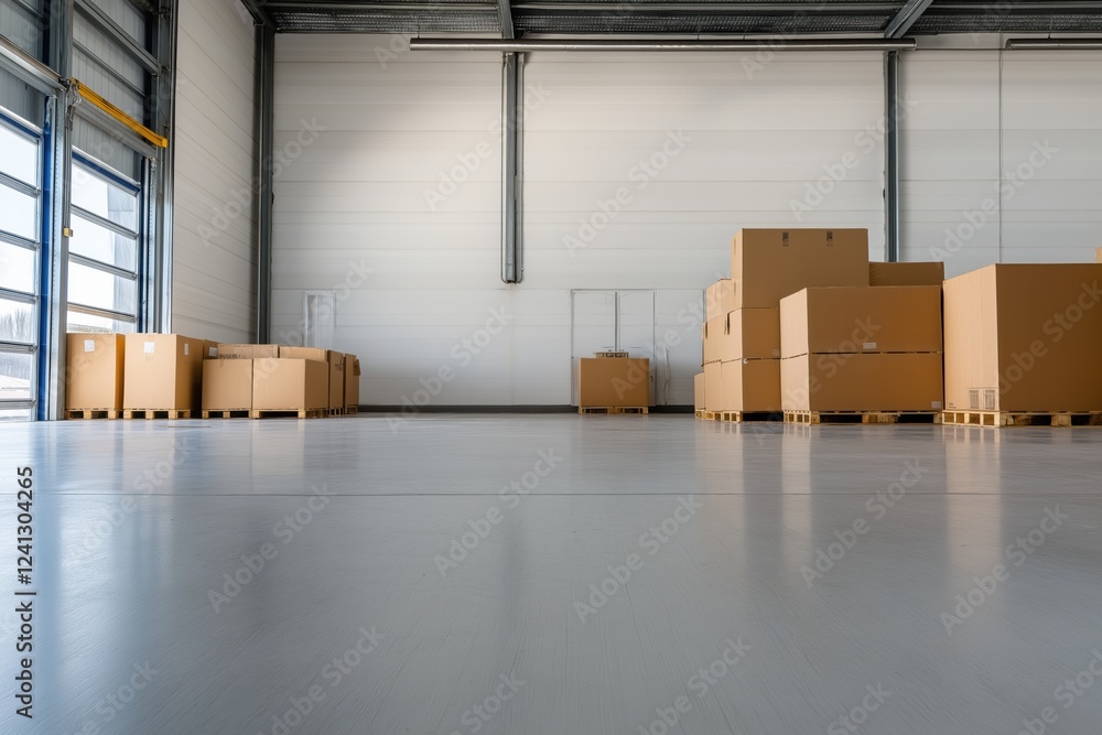 Poster a large warehouse with boxes stacked on top of each other. the boxes are all different sizes and col