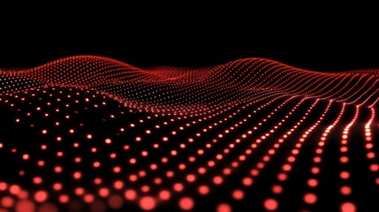 A neon abstract digital wallpaper with a mesh wave and red bokeh dots on a black background, depicting future technology, cloud storage, cyberspace, and cybersecurity concepts.