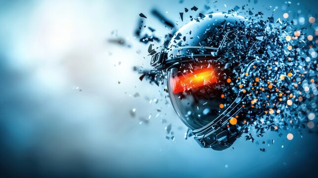 Dynamic futuristic helmet fragmentation digital space abstract art sci-fi environment close-up view technology concept
