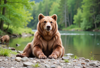 Obraz premium Brown bear resting by forest river in peaceful nature