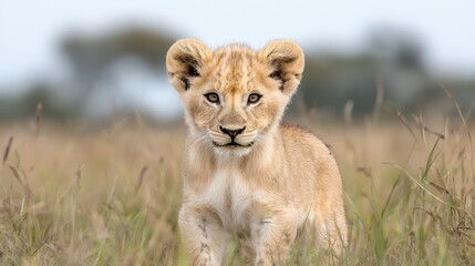 Lion cub in African savanna, gazing intently. Wildlife photography for nature documentaries
