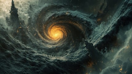 Fiery Vortex Swirling Through Dark Mountainous Landscape