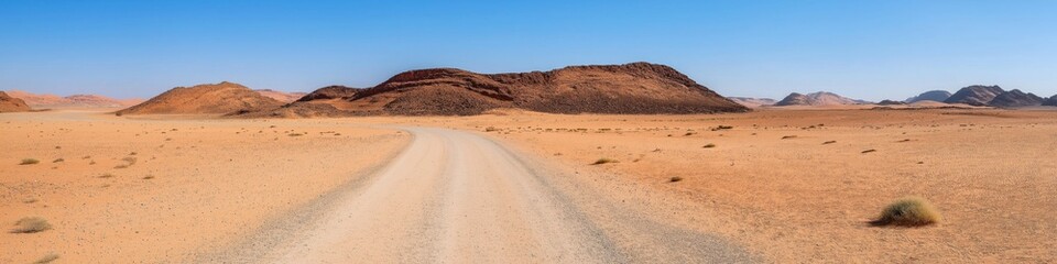 A desert road with a mountain in the background. The road is empty and the sky is clear