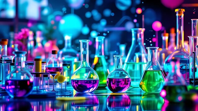 Chemical science laboratory banner with test tubes, beakers, and molecular structures on a futuristic blue background for research and education themes