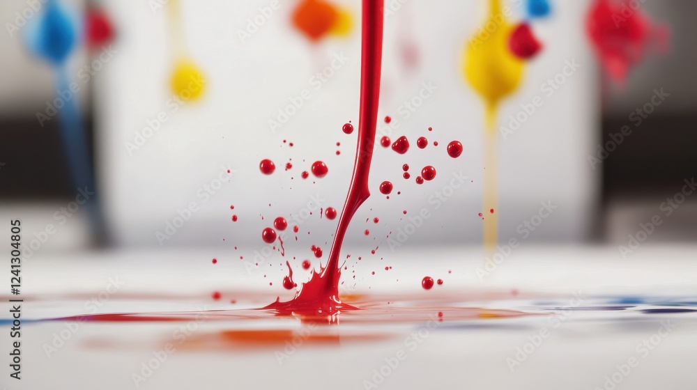 Poster vivid red paint splash on canvas with colorful drips in background