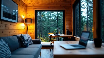 Fototapeta premium Rustic tiny cabin interior with compact wood furniture, cozy lighting, and smart storage solutions
