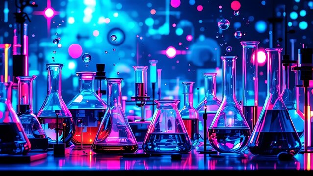 Chemical science laboratory banner with test tubes, beakers, and molecular structures on a futuristic blue background for research and education themes - Powered by Adobe