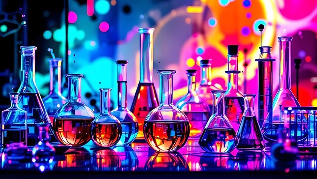 Chemical science laboratory banner with test tubes, beakers, and molecular structures on a futuristic blue background for research and education themes