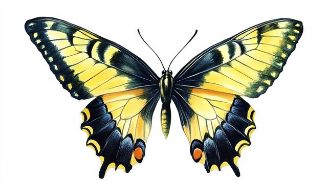 Colorful butterfly with vibrant yellow and black wings displayed against a white background