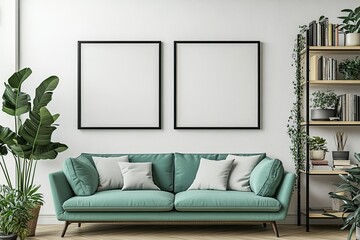 A photograph of two black picture frames with blank white canvases on the wall in a living room, a turquoise sofa and a bookshelf nearby, plants around, a minimalist interior design, bright daylight, 