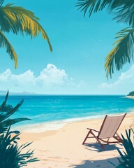 Tranquil tropical beach scene with palm trees and a relaxing chair by the ocean
