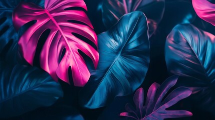 Colorful tropical leaves illuminated under vibrant blue and pink lighting in an artistic arrangement for decoration
