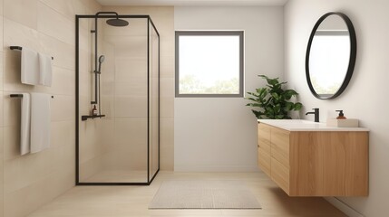 Spacesaving solutions for a compact bathroom, featuring sliding shower doors and floating vanities