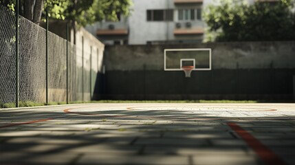 Outdoor basketball court with a hoop and net surrounded by trees and buildings in the background
