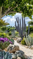 A field of giant cacti and agave plants
