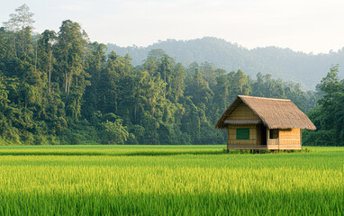 Fototapeta premium Tranquil rice field hut surrounded by lush forest nature's serenity