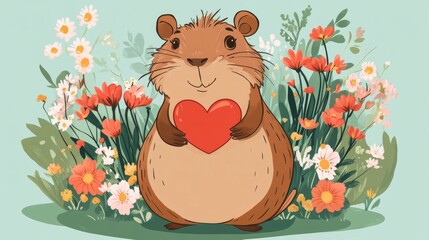 Cute cartoon guinea pig holding a heart among colorful flowers in a whimsical garden setting