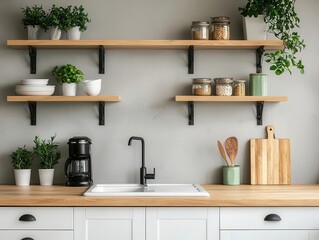 Open shelving solutions for a small kitchen, combining aesthetics and practicality in a compact space