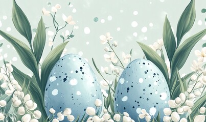 Two light blue easter eggs surrounded by lily of the valley flowers and leaves