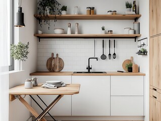 Tiny home kitchen with foldable dining table, wallmounted storage, and efficient organization, modern smallspace living