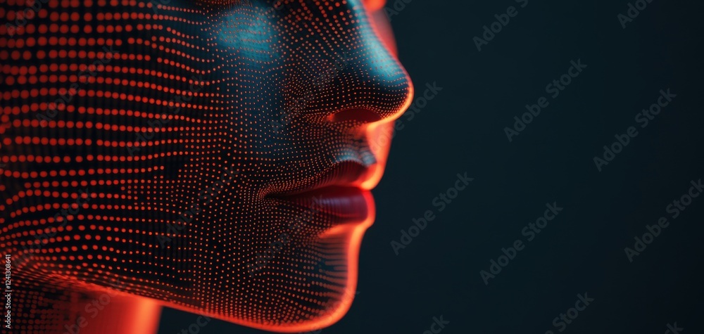 Poster a close-up of a digitally represented face with a futuristic glow, showcasing the intersection of hu