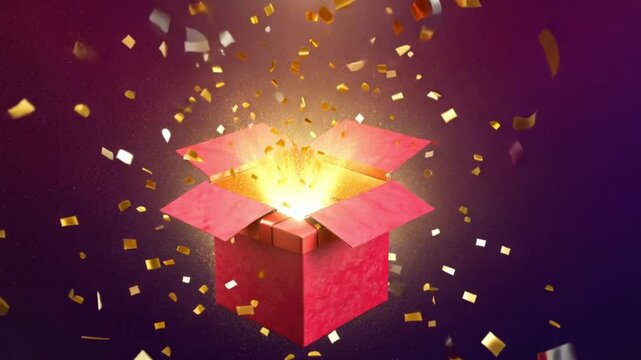 A vibrant red gift box bursts open, releasing golden light and shimmering confetti in a dramatic explosion. Concept of excitement, magical surprises, and festive celebrations.