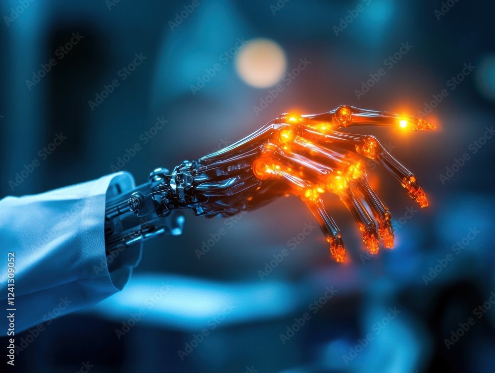 Poster a close-up of a robotic hand with illuminated joints, showcasing advanced technology and innovation 
