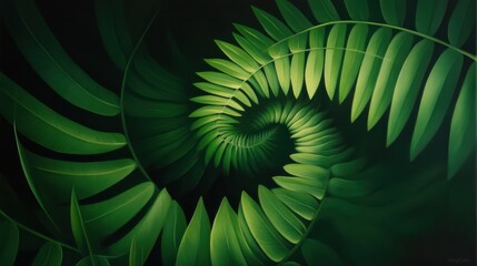 A close-up of a spiral pattern formed by lush green fern leaves, showcasing nature's intricate design against a dark backdrop.