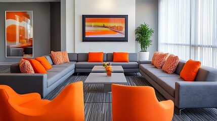 Modern office lounge with gray sofas, orange chairs, and artwork.