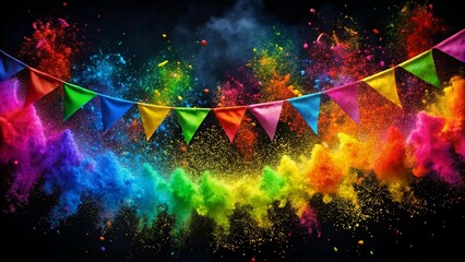 Obraz premium A vibrant explosion of rainbow Holi paint powder bursts, a festive, colorful party garland banner full of energy and joy