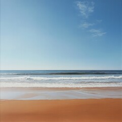 Serene beach landscape with blue sky and gentle waves on sandy shore