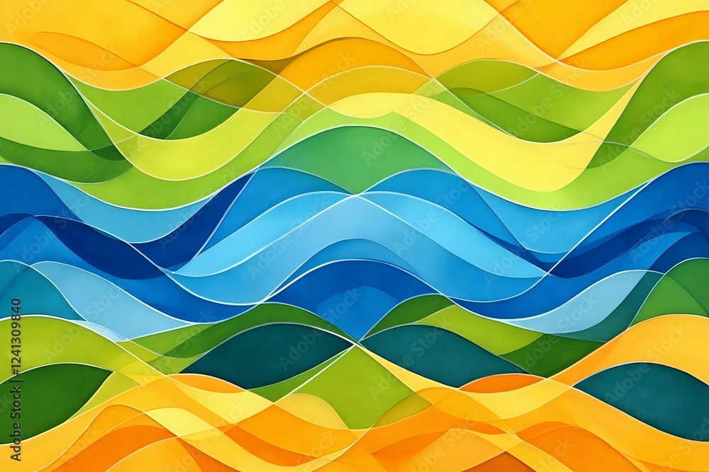 Poster abstract wavy pattern in vibrant yellow, green and blue colors creating dynamic layered design with 