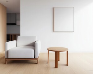 Cozy minimalist living room with spacesaving furniture, neutral tones, and smart storage solutions, modern small apartment interior design