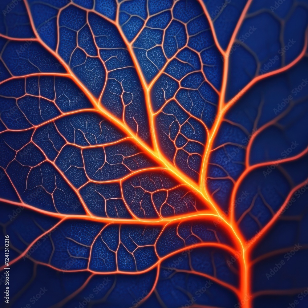 Poster a close-up view of a leaf showcasing intricate vein patterns illuminated with vibrant colors against