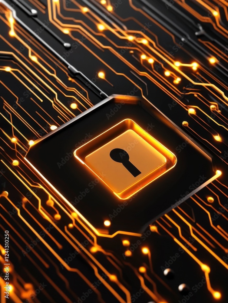 Poster a close-up view of a glowing lock symbol on a circuit board, representing cybersecurity and digital 