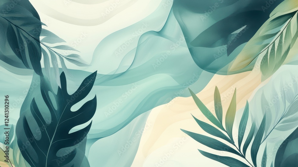 Poster abstract tropical leaves pattern with soft waves and gentle colors
