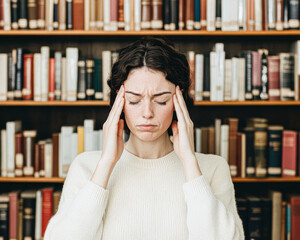 Overcoming stress young woman in library emotional portrait calm environment