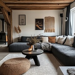 Elegant sunlit modern lounge with plush couch and vibrant plant accents