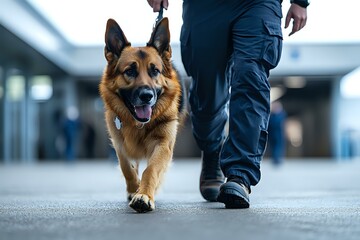 Security guard with German Shepherd police dog patrolling area. Professional K9 unit walking together on duty. Close up view of working dog in action.